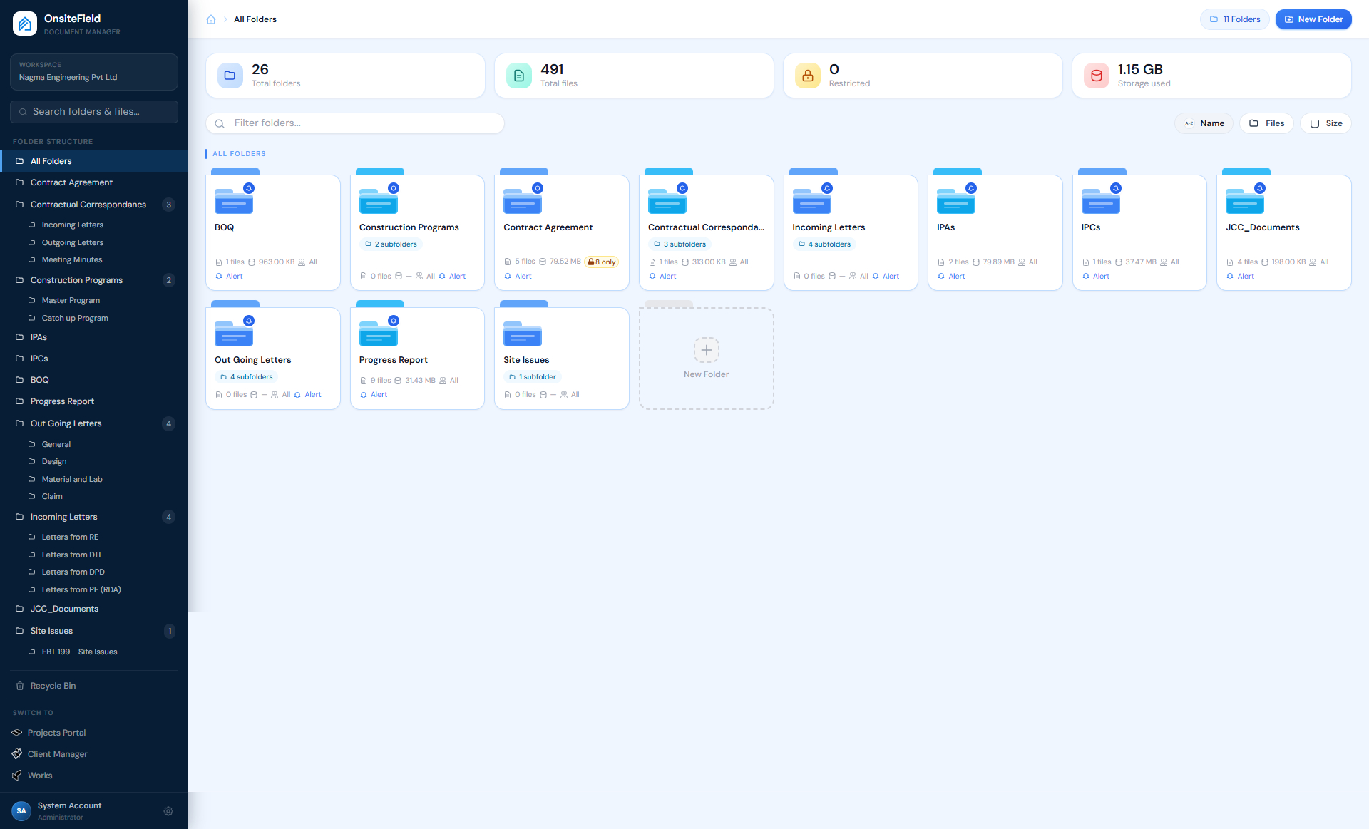 Onsite Field document manager showing folder structure for a construction project